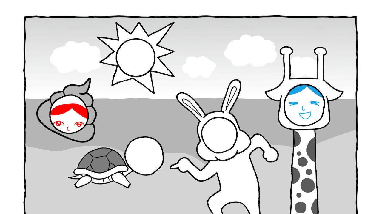 A black and white line art illustration of a cartoon scene with a sun, clouds, a turtle, a rabbit, and a giraffe, with small red and blue facial accents on some illustrated faces.