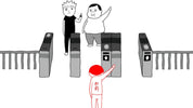 A minimalist line-art illustration showing three cartoon figures near ticket barriers, with one figure in red pointing toward a barrier. The scene appears to depict a transit or entry system rather than a sellable physical product in a standard catalog sense.