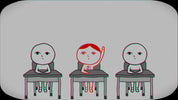 A stylized illustration of three cartoon children sitting at desks, with the center child highlighted in red and raised-arm pose against a gray textured background with a rounded black border.