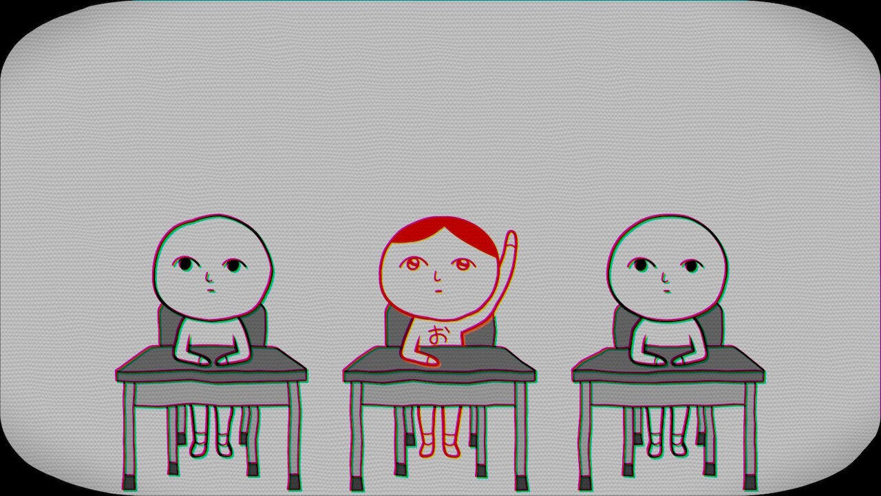 A stylized illustration of three cartoon children sitting at desks, with the center child highlighted in red and raised-arm pose against a gray textured background with a rounded black border.