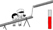 A minimalist black-and-white line drawing of two people standing beside a long trough or channel, with a small bowl held by the person in front. A vertical red-and-gray block appears on the right against a plain white background.