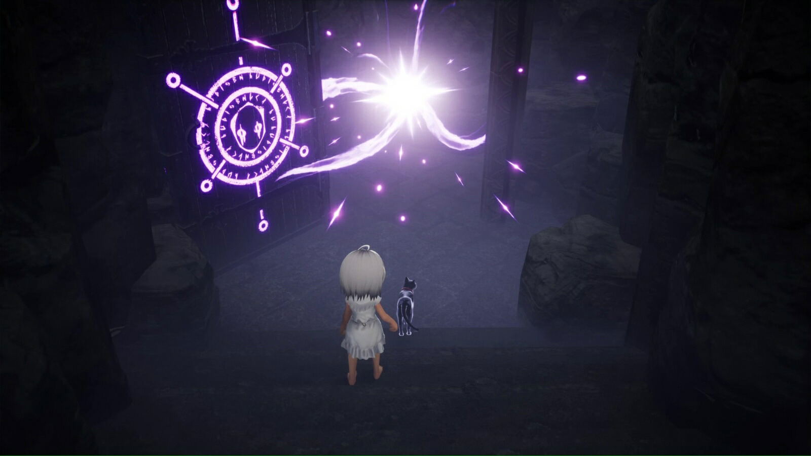 A dark fantasy scene showing a small character in a white dress standing beside a black cat, facing a glowing purple magical portal or spell effect in a dim stone environment.