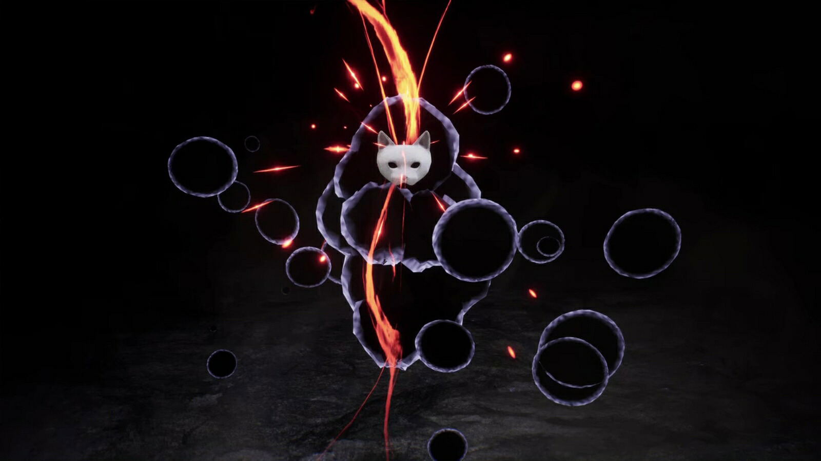 A stylized digital artwork of a white cat wearing a black hood, surrounded by glowing purple circular rings and bright orange-red light streaks on a dark background.