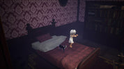 A dark, atmospheric bedroom scene with a bed covered in red patterned bedding, matching wallpaper, a bookshelf, and a small white-haired character standing on the bed.