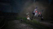 A dark fantasy scene showing a small character in a white dress standing on a stone path, facing a large gray wolf-like creature with glowing red eyes in a misty outdoor setting.