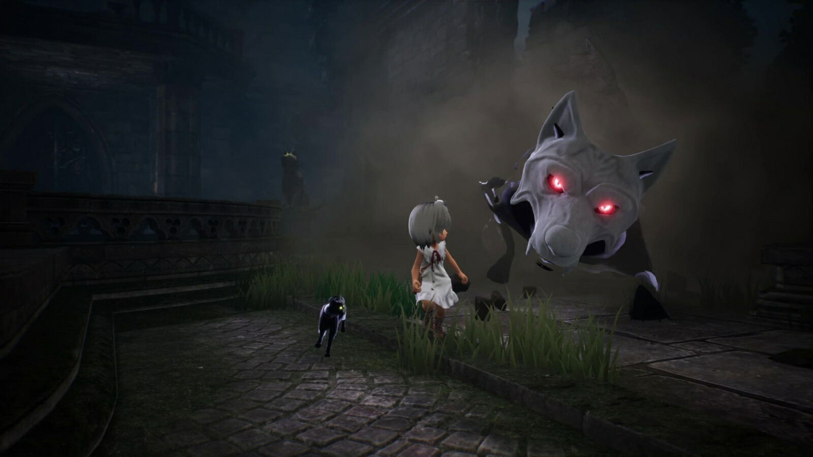 A dark fantasy scene showing a small character in a white dress standing on a stone path, facing a large gray wolf-like creature with glowing red eyes in a misty outdoor setting.