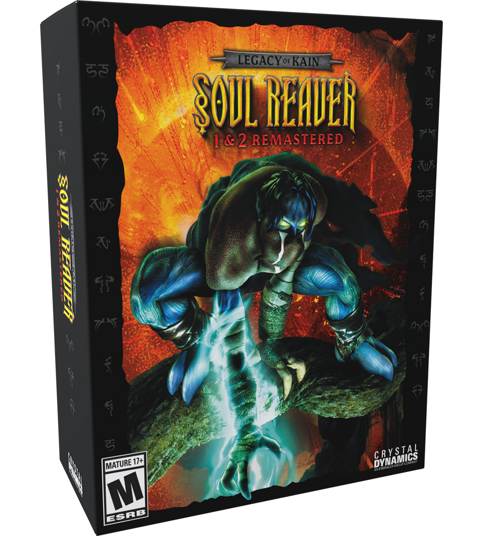 Gaming console box for 'Legacy of Kain: Soul Reaver 1 & 2 Remastered' with a character illustration on a dark background.