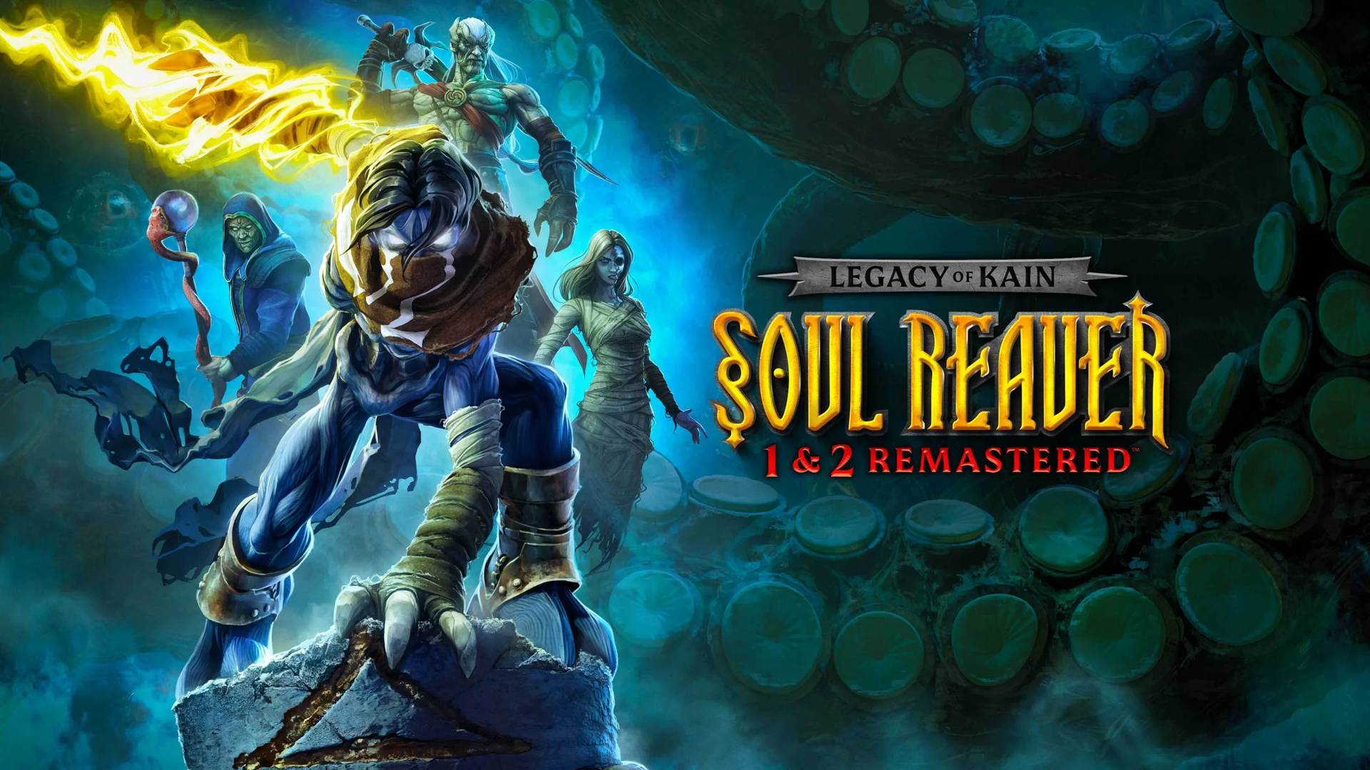 Digital cover art for Legacy of Kain: Soul Reaver 1 & 2 Remastered, featuring a fantasy warrior with a glowing yellow staff on the left and the game title logo on the right against a dark blue and green mystical background.
