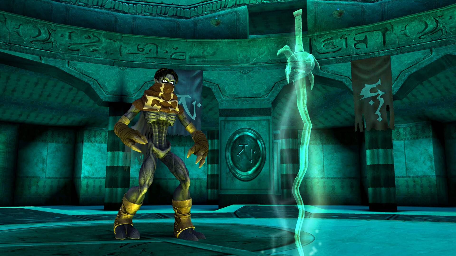 Character in a fantasy setting with glowing staff and ancient architecture