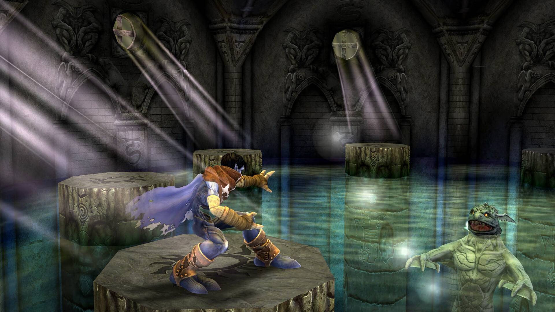 Video game scene with characters in a dark, dungeon-like setting