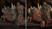 Two side-by-side images of a creature with a dark, eerie background.