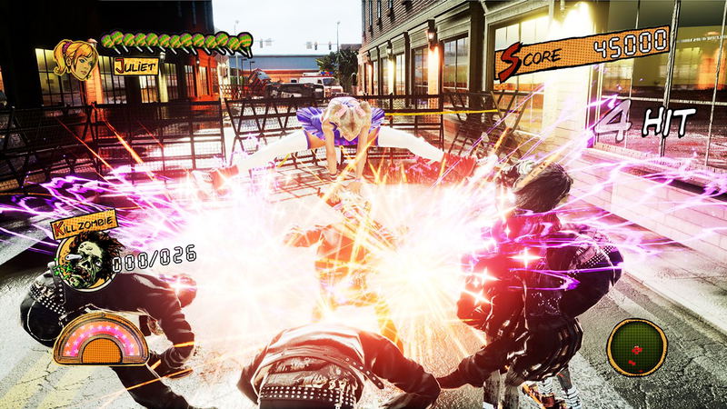 Action-packed scene from a video game with characters in a city street setting.