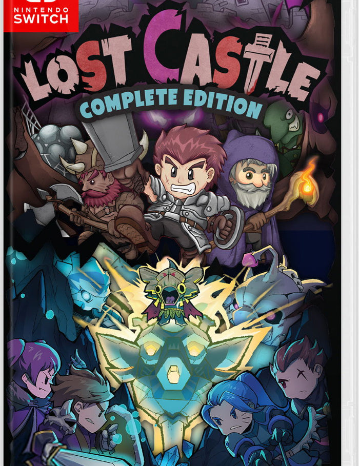 Nintendo Switch game cover for Lost Castle Complete Edition, featuring colorful illustrated characters and a glowing castle at the center, with the Nintendo Switch logo in the top-left corner and a SoftSource logo at the bottom-right.