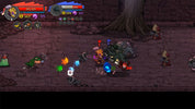 A screenshot from a 2D pixel-art RPG game showing a group of fantasy characters fighting a large creature in a stone dungeon. The interface includes health bars, icons, and status effects, with a dark brown stone floor and a large tree trunk in the background.