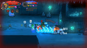 A 2D side-scrolling video game scene showing a fantasy character casting a bright blue spell in a dark cave-like environment, with health bars, icons, and floating damage numbers visible.