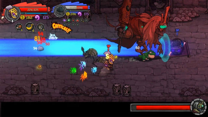 Side-scrolling 2D pixel art game scene showing a small character fighting a large red monster in a dark stone dungeon, with health bars, icons, and damage numbers overlaid.