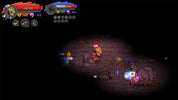 A screenshot from a 2D top-down video game showing a small character in a dark stone room, with health bars, icons, and a spotlight effect on a black background.