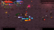 A 2D pixel-art action scene showing a fantasy character fighting small creatures in a dark stone room. The interface includes health bars, icons, and floating damage numbers, with the character casting colorful blue, orange, and green effects.
