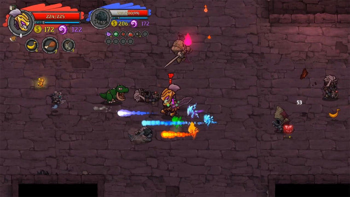 A 2D pixel-art action scene showing a fantasy character fighting small creatures in a dark stone room. The interface includes health bars, icons, and floating damage numbers, with the character casting colorful blue, orange, and green effects.
