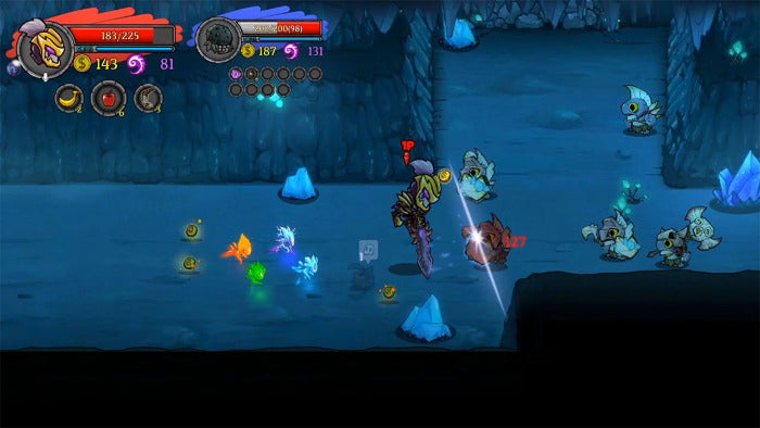 Side-scrolling 2D video game scene showing a fantasy character in a dark blue cave-like environment, surrounded by small creatures and glowing blue crystals. The interface includes health bars, icons, and status indicators at the top.