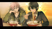Two animated characters enjoying a meal together with a warm glow in the background.