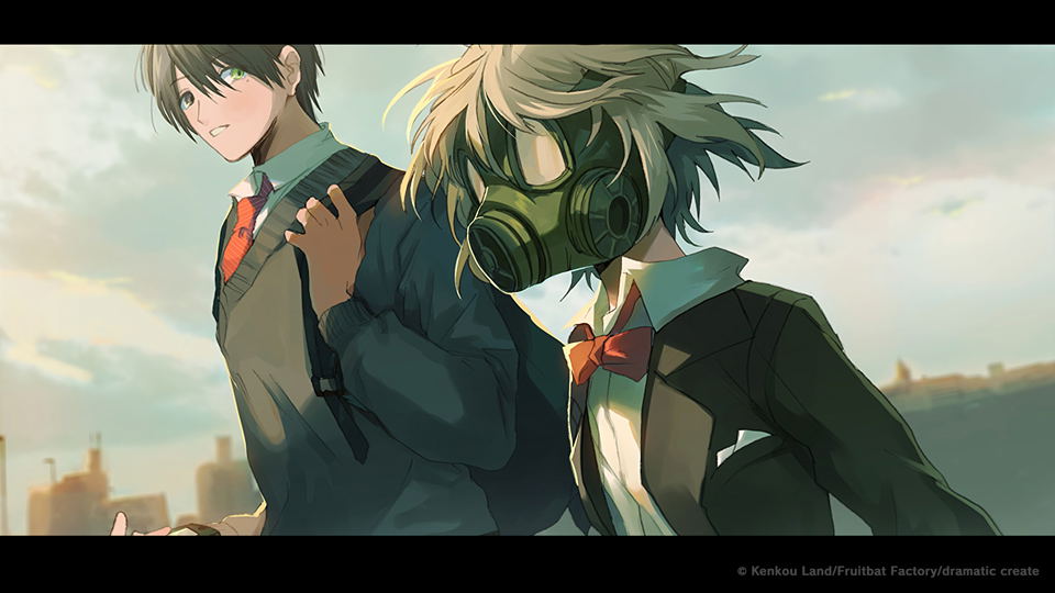 Two animated characters in school uniforms with one wearing a gas mask against a cityscape background.