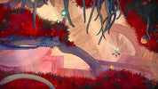 Colorful, abstract scene with red and blue elements