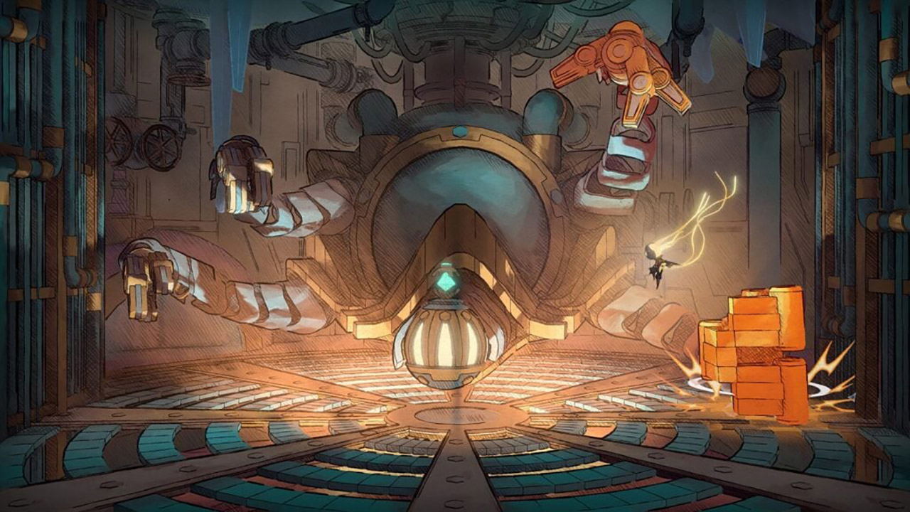 Steampunk-style interior with mechanical elements and glowing lights