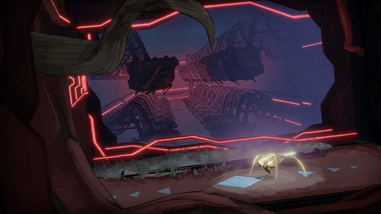 Sci-fi interior with futuristic design elements and red neon lights.