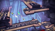 Game-level design with platforms and character in a futuristic setting