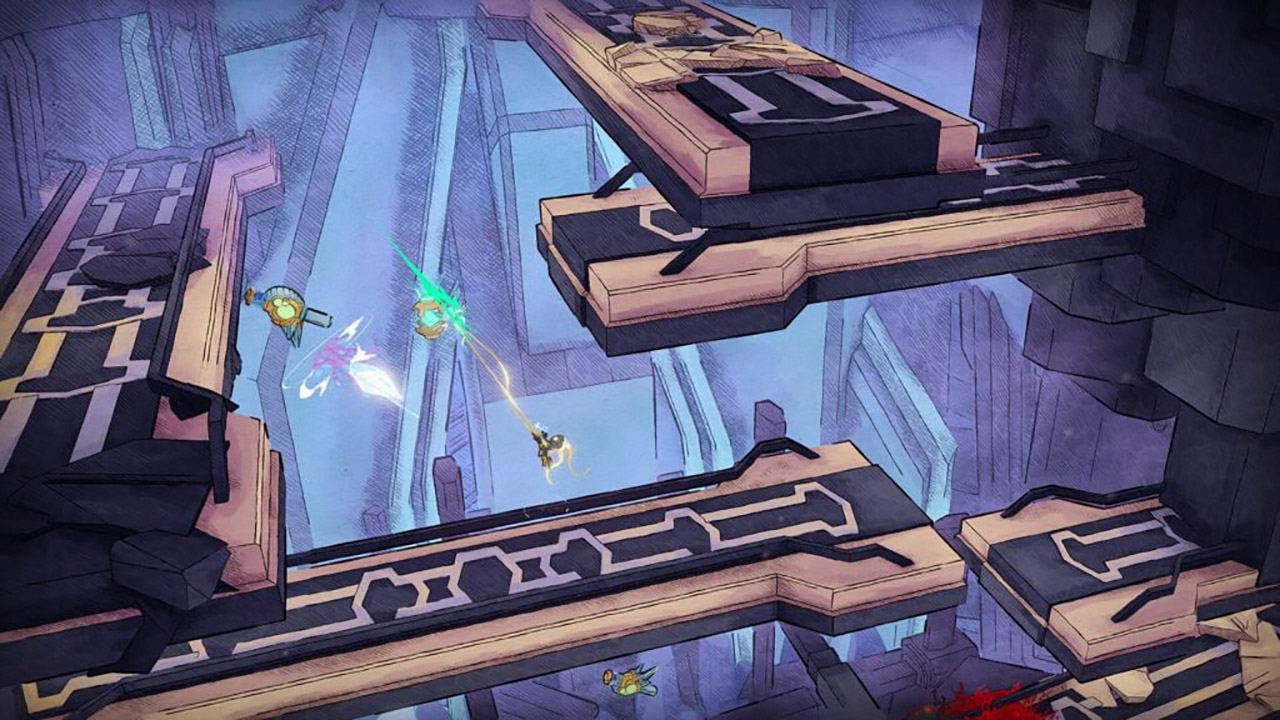 Game-level design with platforms and character in a futuristic setting