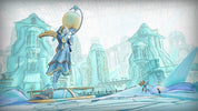 Animated scene with a character flying over a futuristic cityscape.