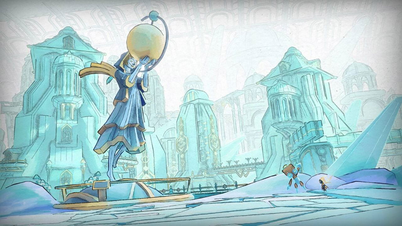 Animated scene with a character flying over a futuristic cityscape.
