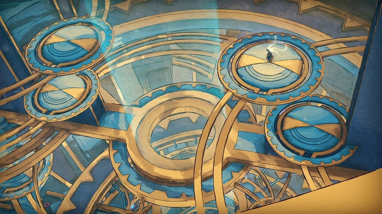 Decorative ceiling with geometric patterns in blue and gold
