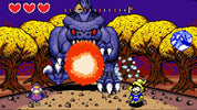 Pixel art scene from a video game with a large creature and two characters in a forest setting.
