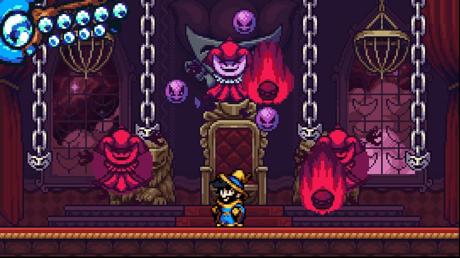 Pixel art scene with a character facing a menacing clown-like figure in a dark, gothic setting.