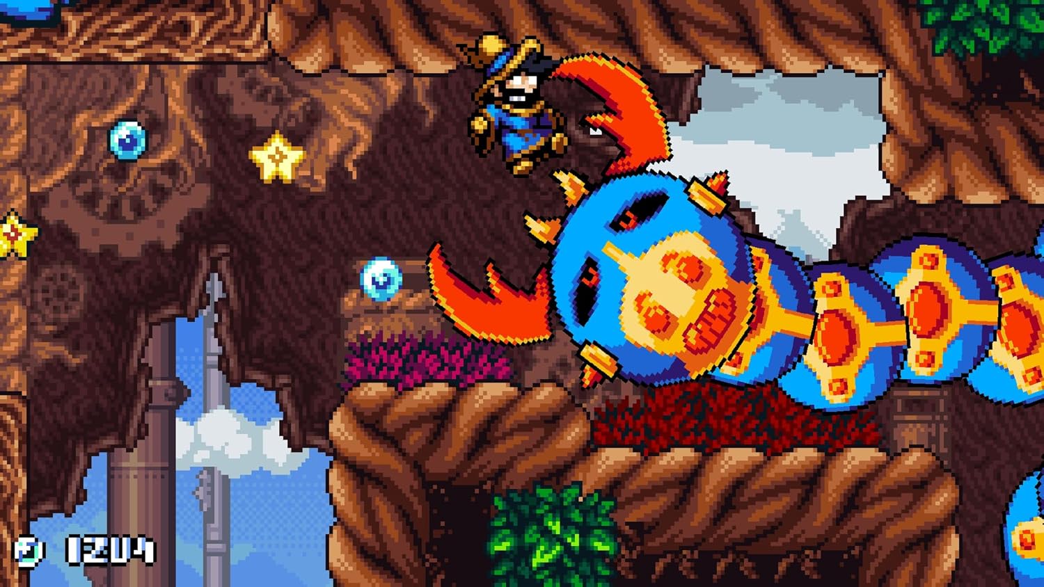 Pixel art scene from a video game with a character and colorful creature on a rocky platform.