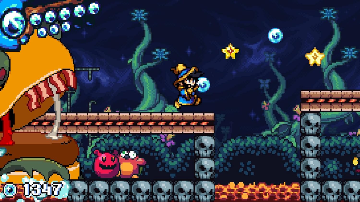 Pixel art scene from a video game with a character, enemies, and a large creature.