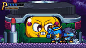 Pixel art scene from a video game with a large yellow character and smaller blue character in front of a castle-like structure.
