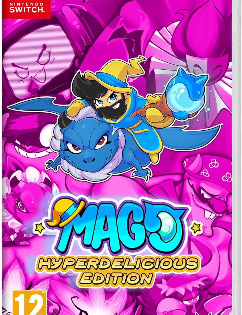 Game case for 'Mago Hyperdelicious Edition' on Nintendo Switch with colorful design and character illustration.