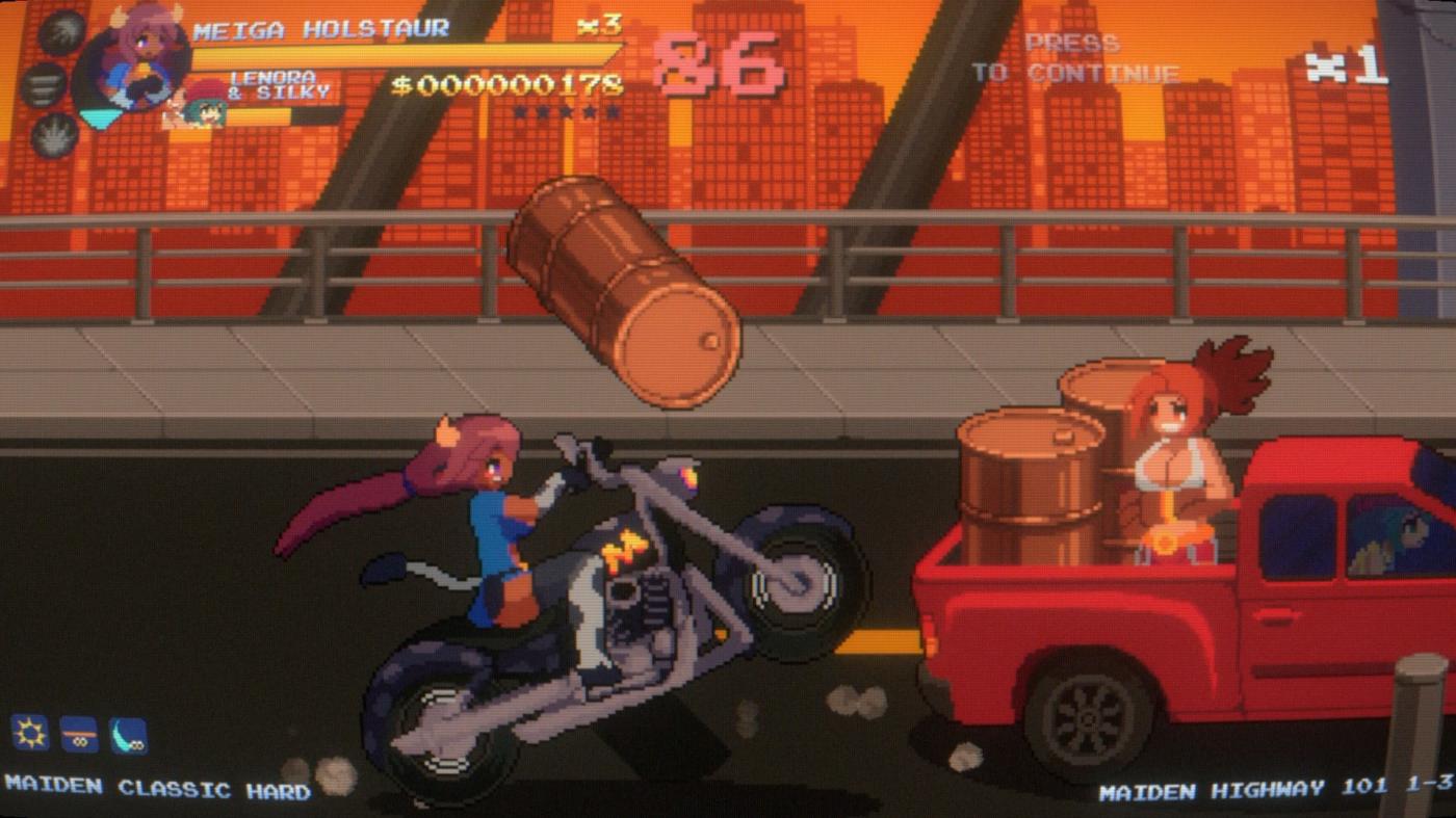 Pixel art scene from a video game with characters on a motorcycle and truck, cityscape background.