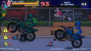 Scene from a video game with characters on motorcycles and a bench.