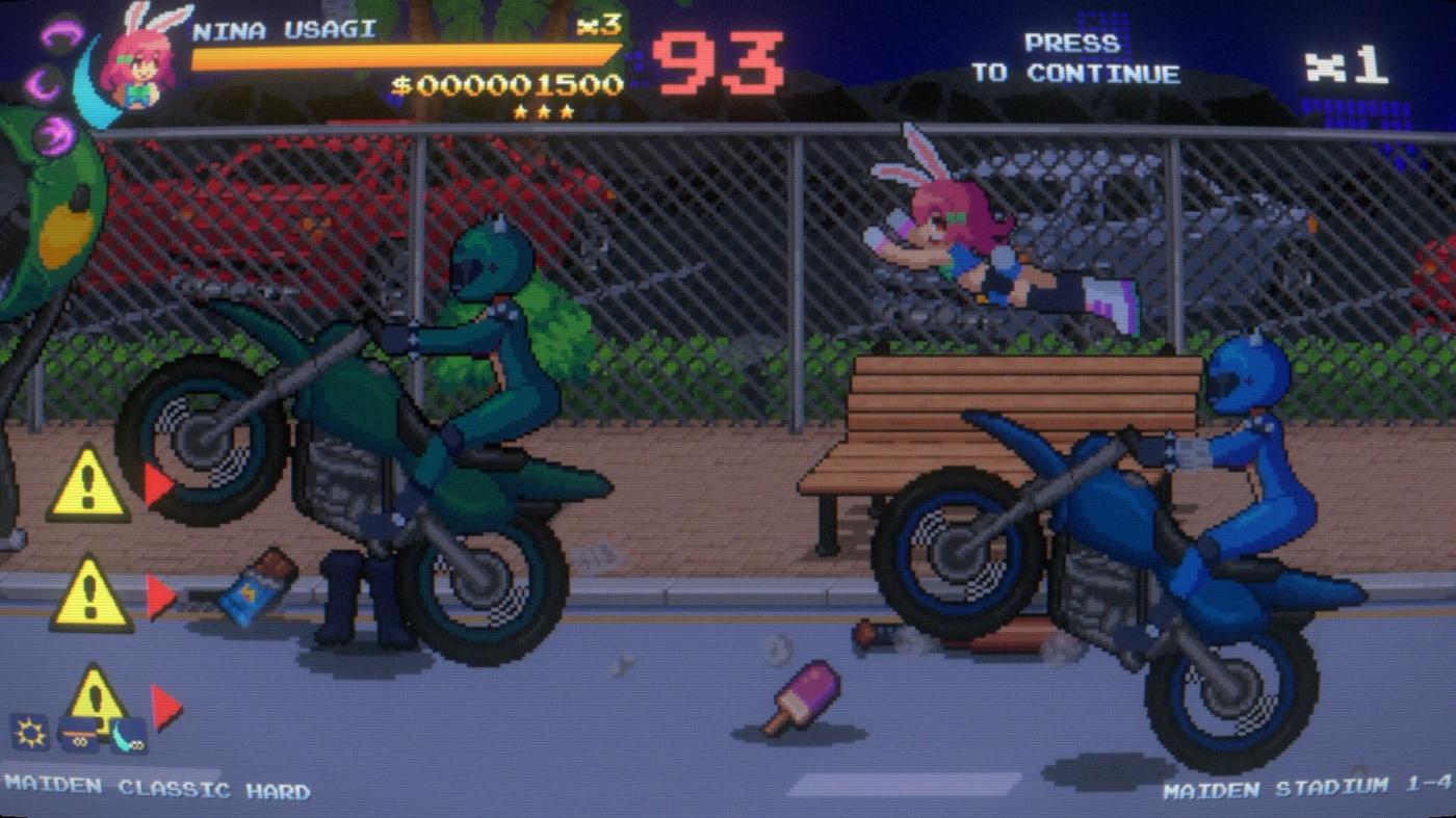 Scene from a video game with characters on motorcycles and a bench.