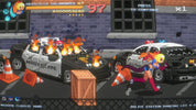 Pixel art scene with police cars and characters in a parking lot.
