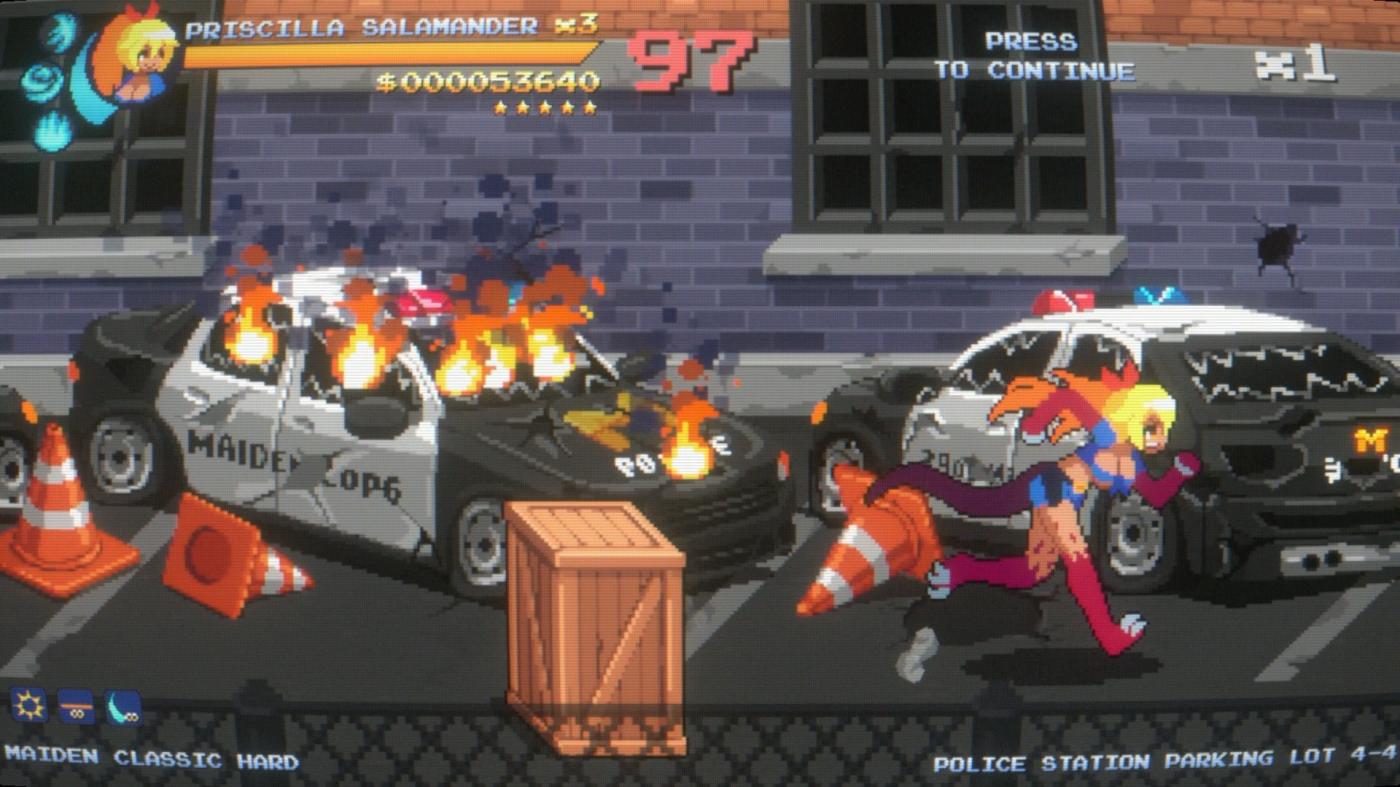 Pixel art scene with police cars and characters in a parking lot.