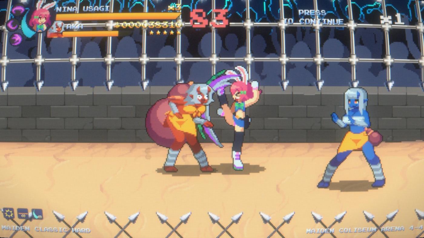 Pixel art characters in a fighting game scene with a dark background