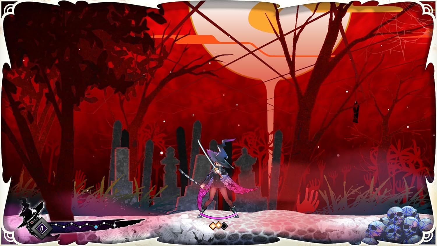 Animated character in a fantasy setting with red-tinted trees and a sunset.