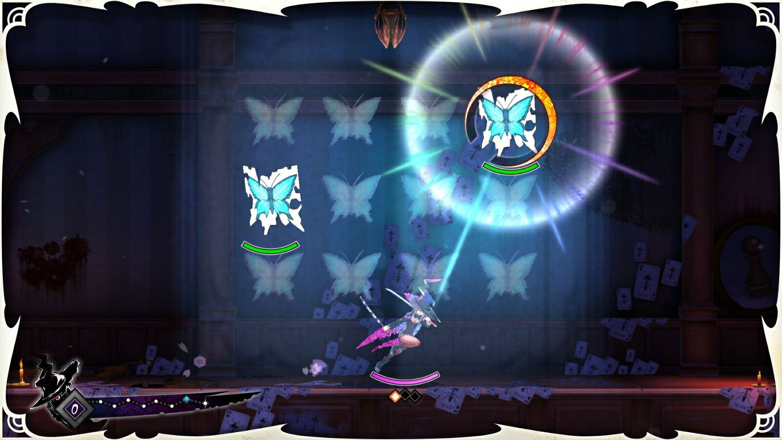 Game screen with character and glowing blue circle on a dark background