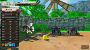 A screenshot from a 3D fantasy video game showing a character standing in a stone courtyard with trees, cannons, mountains, and a windmill in the background. The screen includes a large character status panel on the left and game UI elements.