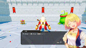 A colorful anime-style game scene showing a blonde female character in the foreground smiling, a red-robed fantasy character in the center, and a green creature on the right, set against a stone arena with banners and confetti.